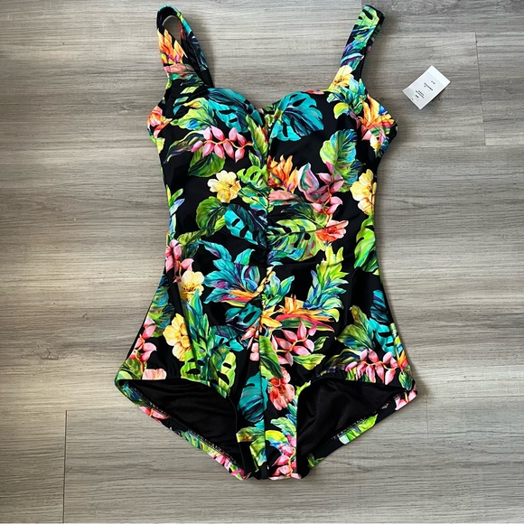 Maxine Of Hollywood Oahu Oasis Shirred Front Girl Leg One-Piece Swimsuit Size 8 - Picture 3 of 11